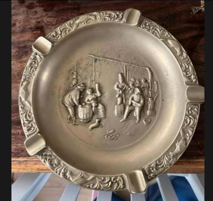Antieke Tinnen Asbak Dorpsscène, Antiek en Kunst, Antiek | Tin, Ophalen of Verzenden
