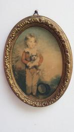 Oud Medaillon op ZIJDEN Stof ~ JONGEN met wit HONDJE 20x15,5, Ophalen of Verzenden