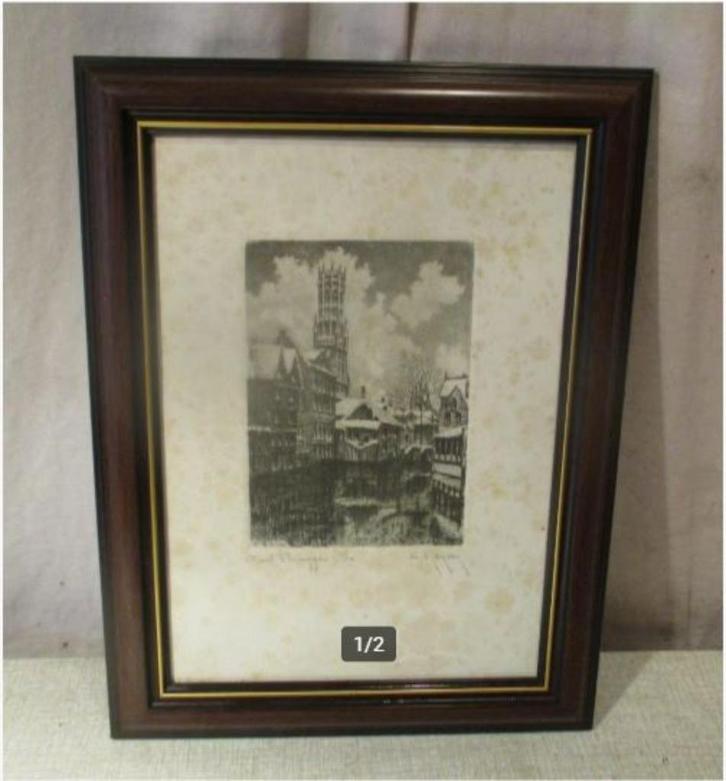 Mooi Oude Ets 'Oud Brugge' - gesigneerd, Antiek en Kunst, Kunst | Etsen en Gravures, Ophalen of Verzenden