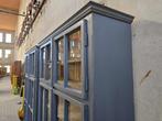 XL Vintage Houten Vitrinekast Blauw | Grote Vitrine Kast 2, Antiek Retro Vintage Brocante Landelijk, 200 cm of meer, 150 tot 200 cm
