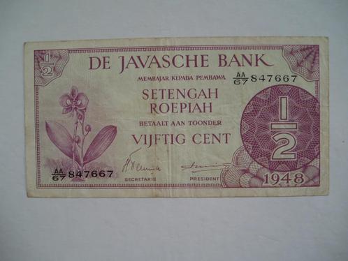 728. Nederlands Indië, 1/2 roepiah 1948 Moon Orchid., Postzegels en Munten, Bankbiljetten | Azië, Los biljet, Zuidoost-Azië, Verzenden