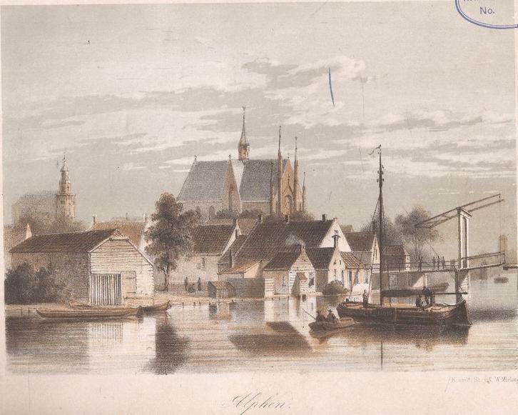 Alphen Gezicht op Alphen aan den Rijn Litho Mieling 1863, Antiek en Kunst, Kunst | Etsen en Gravures, Ophalen of Verzenden