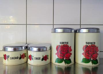 4 vintage Brabantia voorraadblikken met roos beschikbaar voor biedingen
