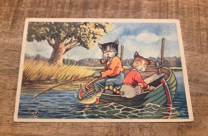 Aangeklede katten aan het vissen, Verzamelen, Ansichtkaarten | Themakaarten, Gelopen, 1940 tot 1960, Overige thema's, Verzenden