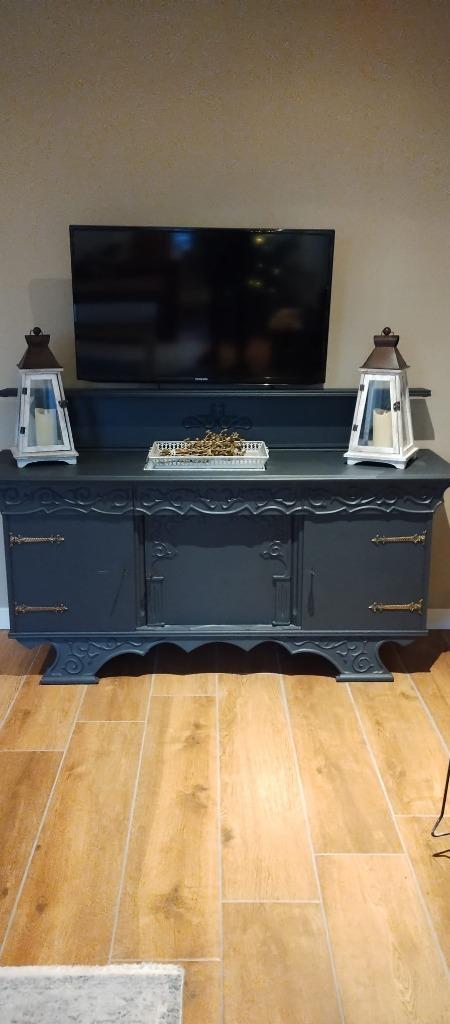 Grijze TV kast/meubel – Dressoir – Nostalgisch, Huis en Inrichting, Kasten | Dressoirs, Gebruikt, 150 tot 200 cm, 25 tot 50 cm