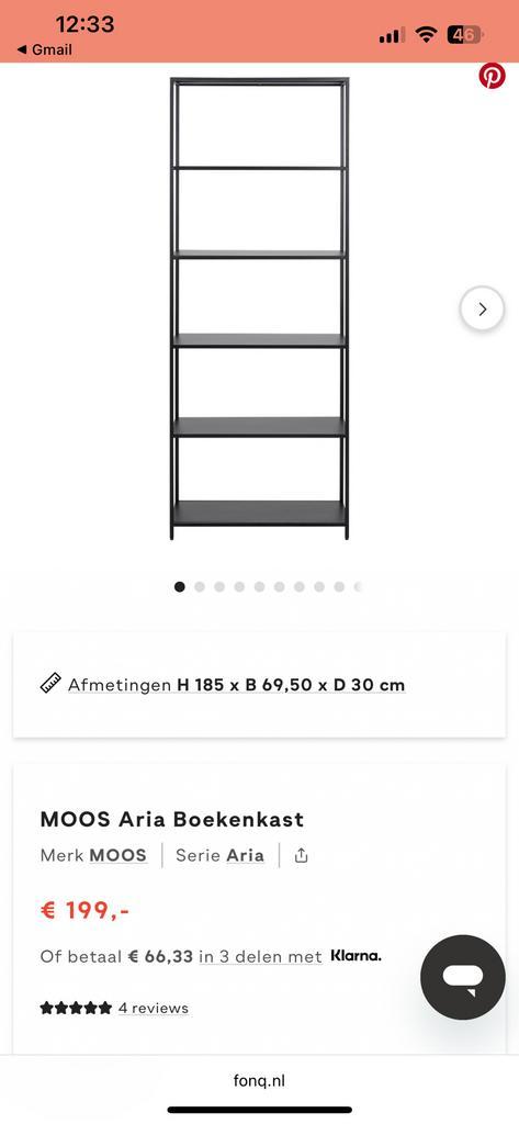 Moos Aria boekenkast gekocht via Fonq, Huis en Inrichting, Kasten | Boekenkasten, Zo goed als nieuw, 50 tot 100 cm, 150 tot 200 cm
