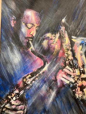 Vintage schilderij jazz saxofonist beschikbaar voor biedingen