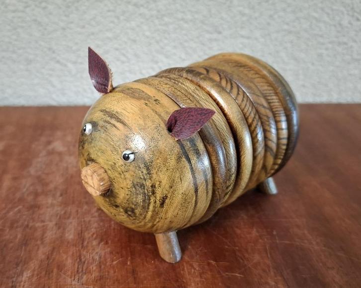 Mid Century houten varken met lijf van 6 onderzetters, Huis en Inrichting, Woonaccessoires | Onderzetters, Gebruikt, Glas of Kopje