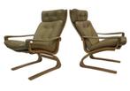 Set van twee vintage fauteuils design jaren 70 Leer Deens, Huis en Inrichting, Fauteuils, Vintage, Hout, Ophalen