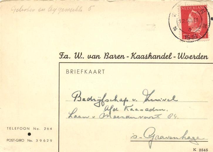 Fa. W. van Baren, Kaashandel, Woerden - 12.1946 - briefkaart, Postzegels en Munten, Brieven en Enveloppen | Nederland, Briefkaart