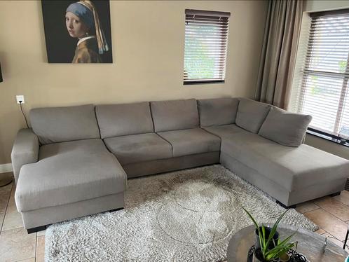 U bank hoekbank licht bruin- taupe - donker beige 340 breed, Huis en Inrichting, Banken | Complete zithoeken, Gebruikt, Ophalen
