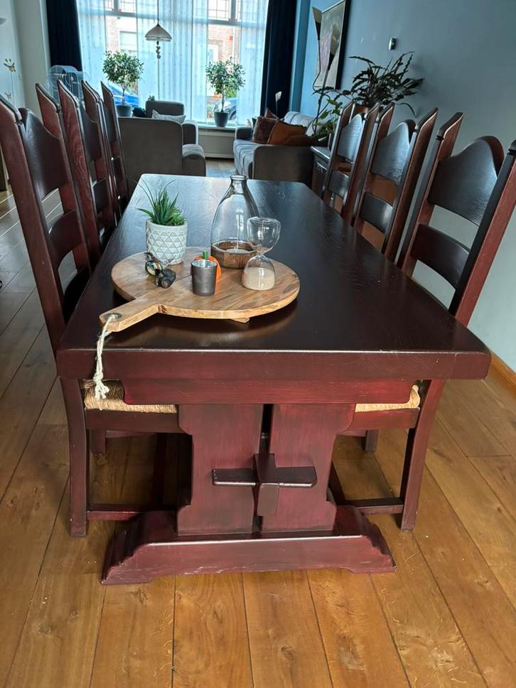 Massief eiken kloostertafel met 6 stoelen, Huis en Inrichting, Tafels | Eettafels, Gebruikt, 50 tot 100 cm, 150 tot 200 cm, Vijf personen of meer