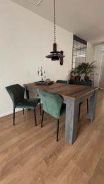 Uitschuifbare eettafel met 4 fluwelen stoelen, Ophalen, 50 tot 100 cm, Zo goed als nieuw, Vijf personen of meer