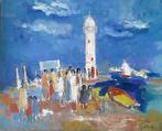 Mensen bij vuurtoren - Frankrijk '88 - J. Hoogstra 1924-2003, Antiek en Kunst, Kunst | Schilderijen | Klassiek, Ophalen of Verzenden