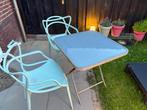 Bistro tuintafel 2personen, metaal en mat melk glas, Ophalen, Gebruikt, Vierkant, Metaal