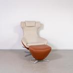 1x Leolux Caruzzo PLUS Fauteuil + Voetenbank Wit/Cognac Leer