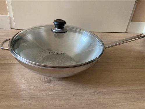 Demeyere wokpan 36 cm + glazen deksel - zgan!, Huis en Inrichting, Keuken | Potten en Pannen, Zo goed als nieuw, Wok, Glas, Inductieplaat