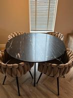 Luxe Eettafel + 4 Stoelen & Salontafel Set - Marmerlook, Huis en Inrichting, Tafels | Eettafels, 100 tot 150 cm, Rond, Ophalen of Verzenden