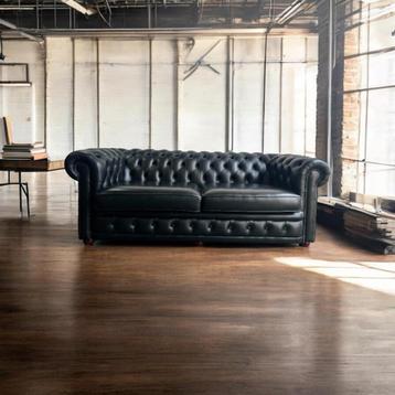 Stoere zwarte lederen chesterfield zetel / canapé / sofa beschikbaar voor biedingen