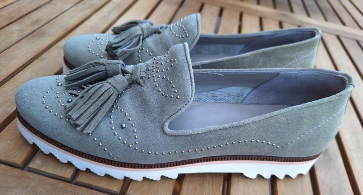 Jade groene suede instappers mocassins Maripe 37 ZGAN, Kleding | Dames, Schoenen, Zo goed als nieuw, Instappers, Groen, Verzenden
