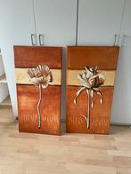 Set van 2 Bloemenschilderijen - Warm Bruin/Oranje Tinten, Antiek en Kunst, Ophalen of Verzenden
