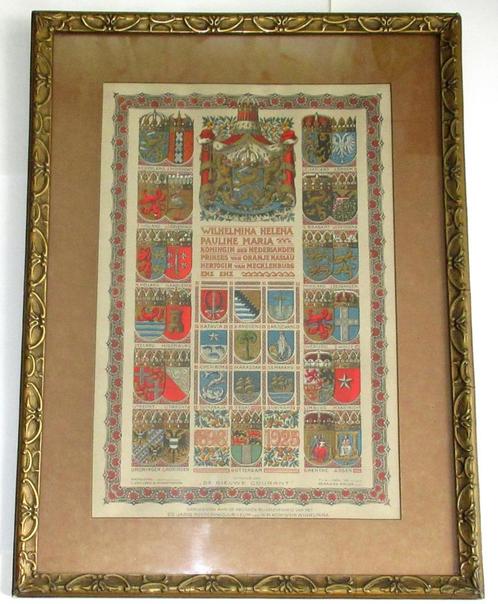 Antiek origineel Gegraveerde wapenkaart ingelijst onder glas, Huis en Inrichting, Woonaccessoires | Schilderijen, Tekeningen en Foto's