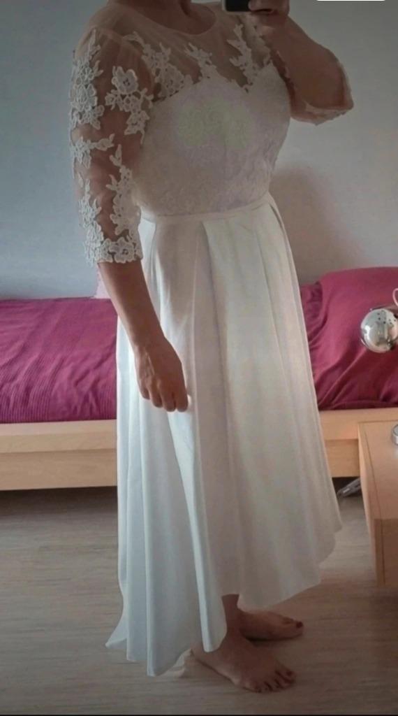 Bruidsjurk kant-satijn, kort-lang, Kleding | Dames, Trouwkleding en Trouwaccessoires, Nieuw, Trouwjurk, Wit, Ophalen of Verzenden