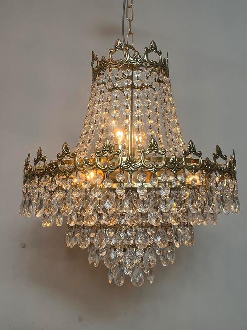 Vintage Zak kroonluchter brons goud frame kristal druppels, Huis en Inrichting, Lampen | Kroonluchters, Ophalen of Verzenden