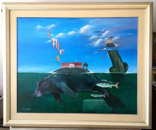 Surrealistisch - met zeehond HANNES - Henk Stadman (Assen), Antiek en Kunst, Kunst | Schilderijen | Klassiek, Ophalen