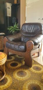 Seventies fauteuil leder met hout, Huis en Inrichting, Fauteuils, Gebruikt, Hout, Ophalen