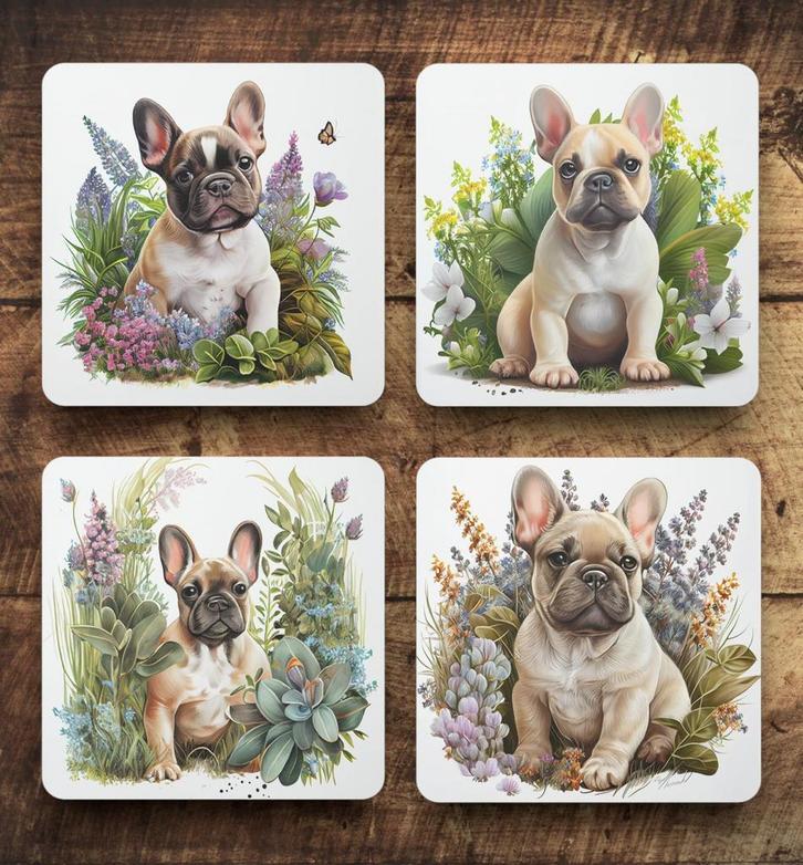 Franse Bulldog Puppy Aquarel onderzetters met houder, Huis en Inrichting, Woonaccessoires | Onderzetters, Nieuw, Glas of Kopje