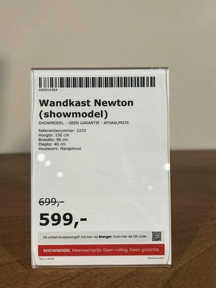 Wandkast Newton Mangohout - showmodel, Huis en Inrichting, Kasten | Wandmeubels, Zo goed als nieuw, 150 tot 200 cm, Minder dan 150 cm