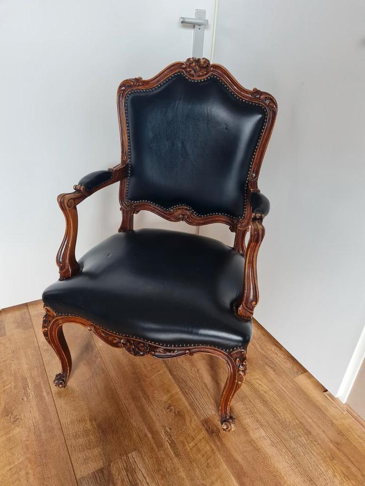 Brocante Stoel met Houten Frame en Leren Zitting, Antiek en Kunst, Antiek | Meubels | Stoelen en Banken, Ophalen