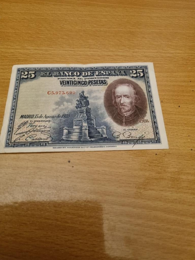 Spanje: zeer fraaie 25 Peseta biljet, met lichte vouw 1928, Ophalen of Verzenden, Overige landen, Los biljet