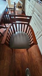 Bannink stoelen 4x bekleed met taupe leer en salontafel, Gebruikt, Bruin, Hout, Ophalen of Verzenden