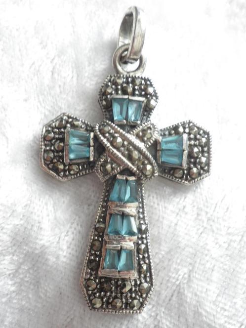 Mooie Zilveren Kruis met Aquamarijn en Markesietjes, Sieraden, Tassen en Uiterlijk, Antieke sieraden, Hanger, Zilver, Met edelsteen