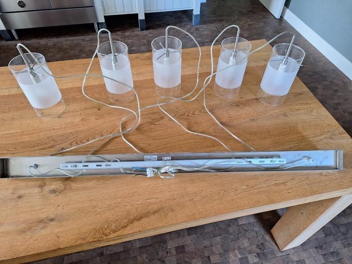 RVS eetkamer plafondlamp, Huis en Inrichting, Lampen | Plafondlampen, Zo goed als nieuw, Glas, Metaal, Ophalen