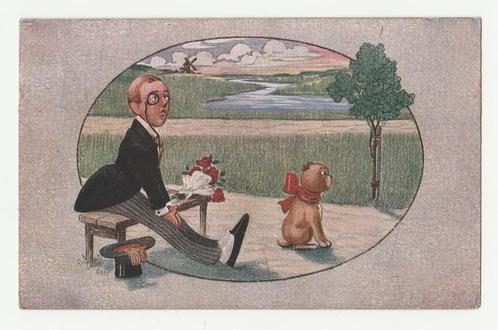 Wachtende jongeman met bloemen en hond., Verzamelen, Ansichtkaarten | Themakaarten, Gelopen, Voor 1920, Overige thema's, Verzenden