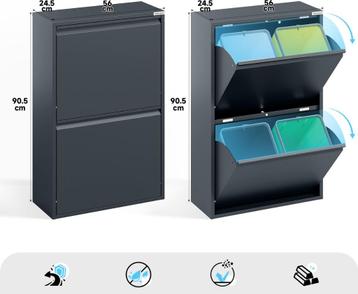 Prullenbak 4 vakken–Afvalem 60 Lt-62x25x93cm-Wit-Zwart-Grıjs beschikbaar voor biedingen