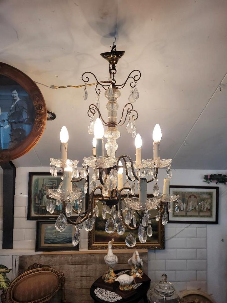 Antieke Franse plafondlamp, Huis en Inrichting, Lampen | Plafondlampen, Zo goed als nieuw, Glas, Metaal, Ophalen