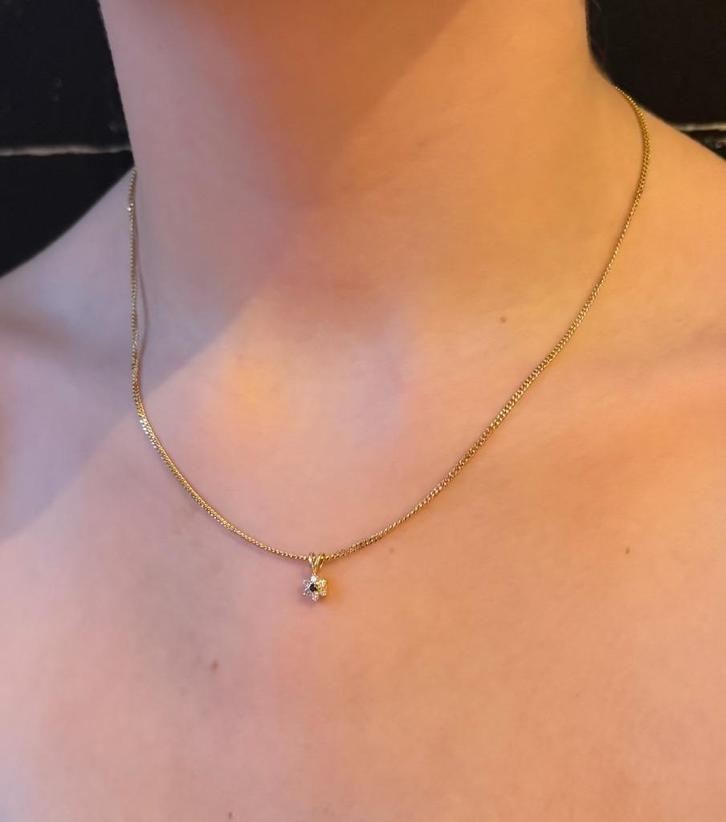 Diamant saffier 14k gouden gourmet ketting en hanger rozet, Sieraden, Tassen en Uiterlijk, Kettingen, Zo goed als nieuw, Goud