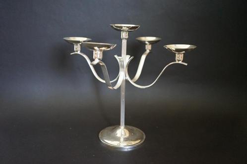 mid century verzilverde kandelaar metaal vijf kaars vintage, Huis en Inrichting, Woonaccessoires | Kandelaars en Kaarsen, Gebruikt