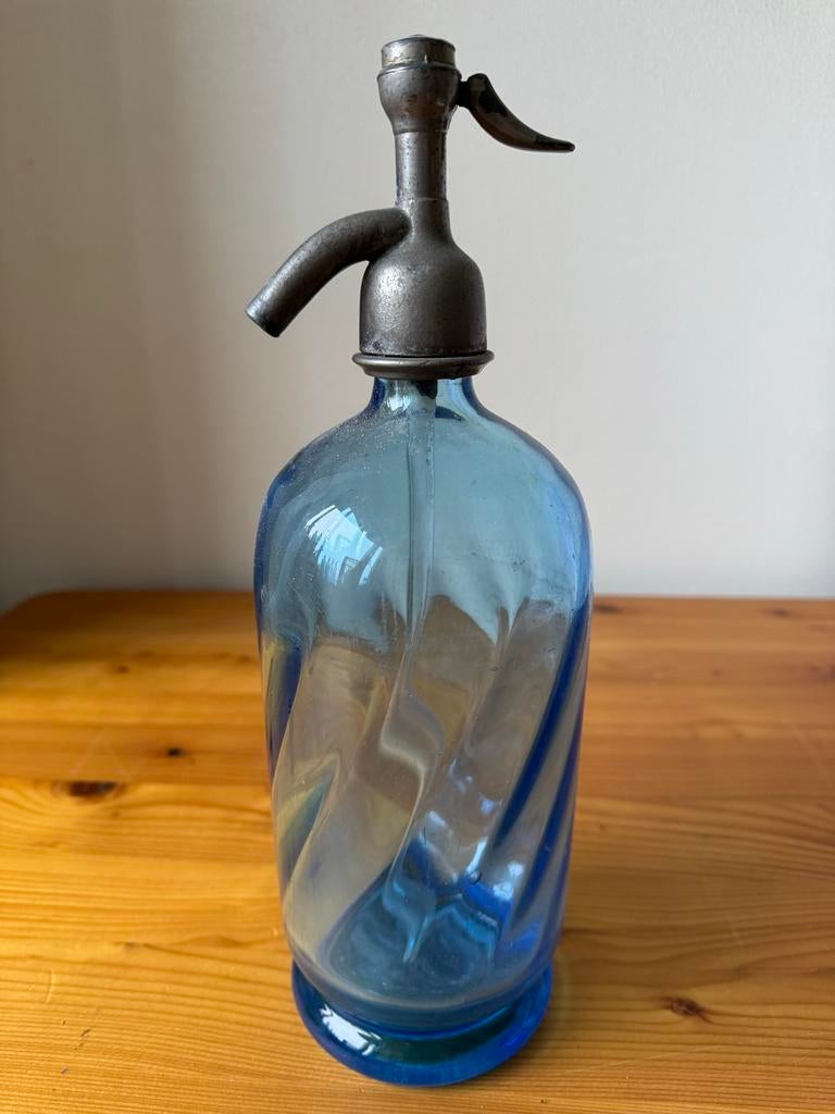 Vintage blauwe glazen seltzerfles/sifon, Antiek en Kunst, Antiek | Glas en Kristal, Ophalen of Verzenden