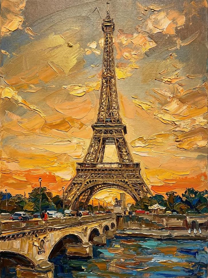 Eiffeltoren Olieverf Stijl Canvas 60x80, Antiek en Kunst, Kunst | Schilderijen | Klassiek, Ophalen of Verzenden