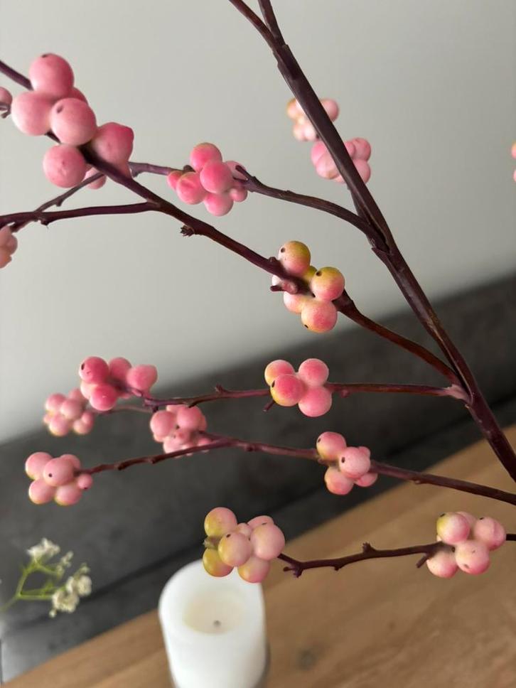 2 kunsttakken roze bessen, Huis en Inrichting, Woonaccessoires | Droogbloemen, Zo goed als nieuw, Ophalen of Verzenden