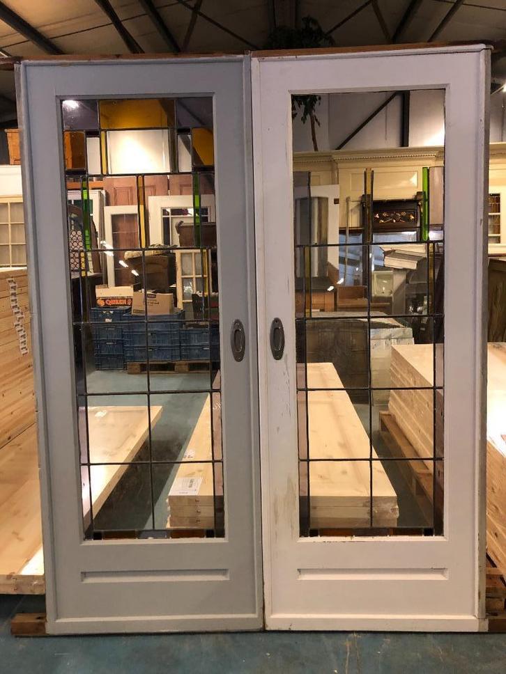 Set schuif / en-suite deuren met glas lood 203x156cm., Antiek en Kunst, Curiosa en Brocante, Ophalen