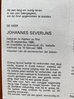 Joh. Severijns 1890 Alphen en Riel 1983 Arendonk, Ophalen of Verzenden, Bidprentje