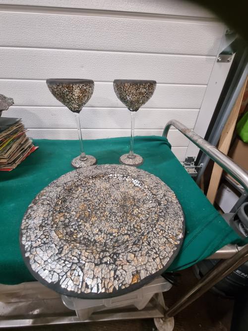 Schaal en windlichten glas mozaïek twee stuks, Huis en Inrichting, Woonaccessoires | Schalen en Manden, Ophalen of Verzenden