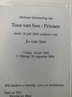 Prinsen x van Son 1916 Uden 2004 Tilburg, Verzamelen, Bidprentjes en Rouwkaarten, Ophalen of Verzenden, Bidprentje