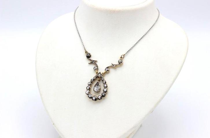 14 kt goud met zilveren hanger met roosdiamant aan collier, Sieraden, Tassen en Uiterlijk, Antieke sieraden, Ketting, Goud, Met edelsteen
